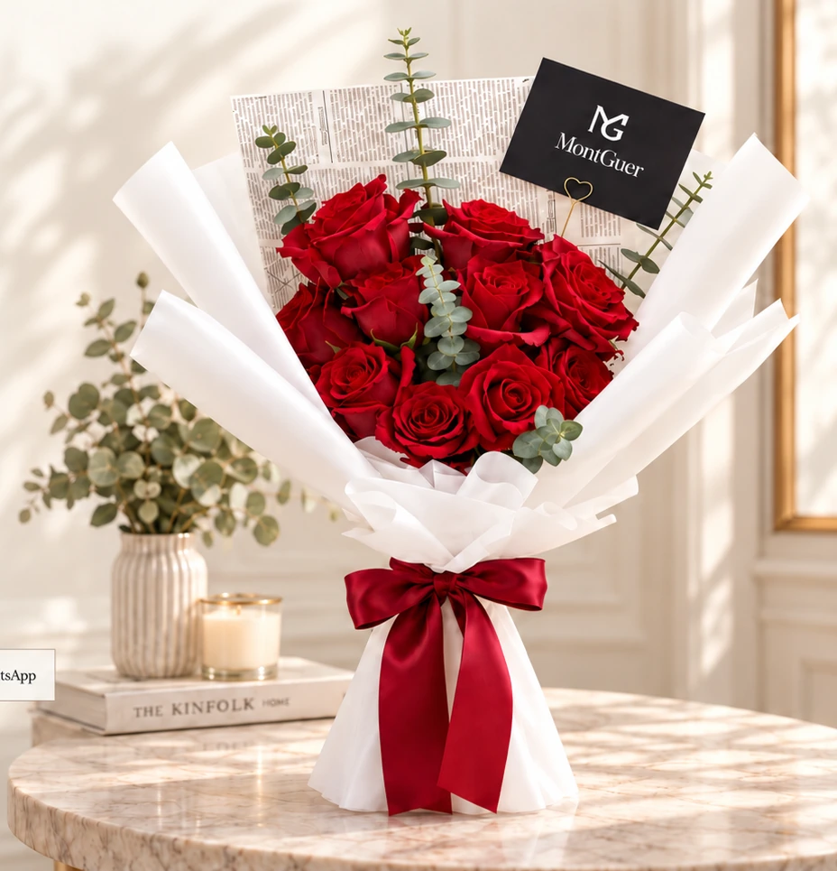 Bouquet de rosas rojas MontGuer en una presentación elegante con envoltura blanca y lazo rojo